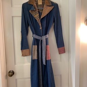 Vintage Denim belted Patchwork Tailored long coat